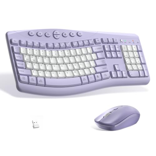 Wireless Keyboard and Mouse Combo,2.4G Full Size Ergonomic Curved Silent Keyboard with Fn Multimedia Keys for Office and Home, 3-DPI Quiet Mouse for Windows,Mac OS Desktop/Laptop/PC (Purple-B) - color: purple-b