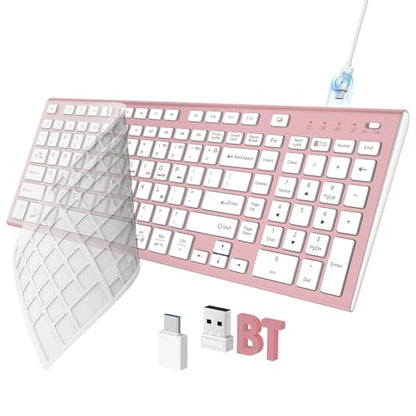 FENIFOX Wireless Keyboard, Bluetooth & 2.4G USB & USB-C Rechargeable Silent Ultra Quiet Low Profile Compact Full Size with Number Pad Soft Multi Device for Mac MacBook Windows PC - Pink & Rose Gold - color: Pink