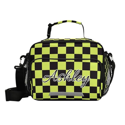 Custom Student Lunch Bag for Boys Girls Yellow Black Checkered Personalized Lunch Box With Name Insulated Cooler Bag for School Picnic Travel - color: Multi02