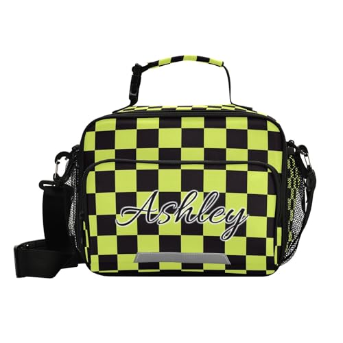 Custom Student Lunch Bag for Boys Girls Yellow Black Checkered Personalized Lunch Box With Name Insulated Cooler Bag for School Picnic Travel - color: Multi02