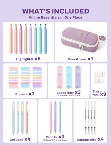 SUNEE 35PCS Aesthetic Stationery Set with Cute Pencil Case, Pastel Highlighters, Black Gel Pens, Mechanical Pencils & Refills, College School Supplies for Students Girls Purple - color: Purple, style: 35 Pack