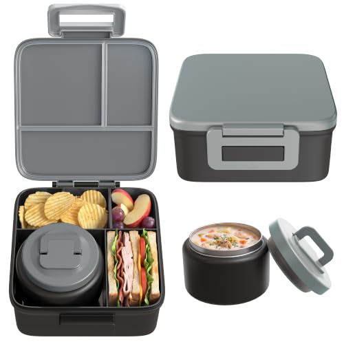 MAISON HUIS Bento Lunch Box with 8oz Soup Thermo, 5-Compartment Leak-Proof Container, Thermo Hot Food Jar and Insulated Lunch Bag, BPA Free,Travel, School (Gray) - color: Gray