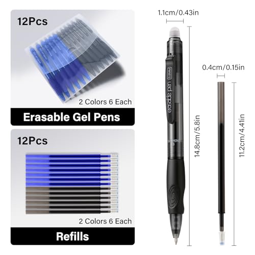 EUSOAR Erasable Gel Pens, 12-Pack Retractable Pens & Refills (6 Black, 6 Blue Each), Dry Erase Pen Make Mistakes Disappear for Office Planner Scheduling Appointments Sketching Note Taking - color: Black/Blue
