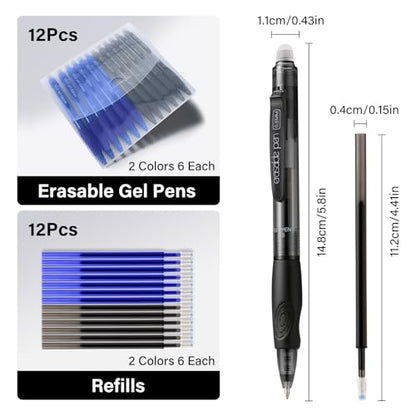 EUSOAR Erasable Gel Pens, 12-Pack Retractable Pens & Refills (6 Black, 6 Blue Each), Dry Erase Pen Make Mistakes Disappear for Office Planner Scheduling Appointments Sketching Note Taking - color: Black/Blue