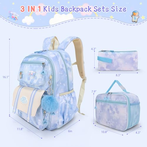 Girls Backpack,Cute Print School Kids Backpack with Insulated Lunch Box Pen Case Set,Kindergarten Elementary School Book Bag for Girls Children Students(3 pieces set -Blue) - color: 3 Pieces Set -Blue