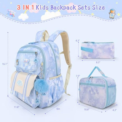 Girls Backpack,Cute Print School Kids Backpack with Insulated Lunch Box Pen Case Set,Kindergarten Elementary School Book Bag for Girls Children Students(3 pieces set -Blue) - color: 3 Pieces Set -Blue