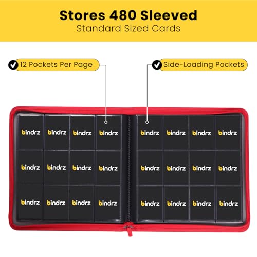 bindrz 12 Pocket Zipper Binder for 480 Sleeved Trading Cards - Side Loading Pockets Album - Archival Safe Material and Compatible with TCG MTG and Sports Collectibles (Red) - color: Red