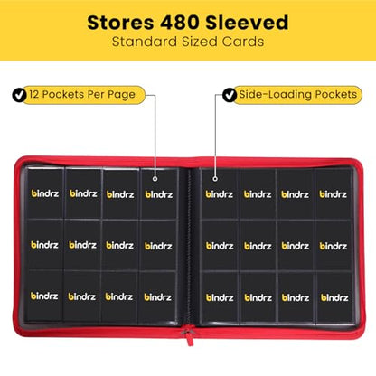 bindrz 12 Pocket Zipper Binder for 480 Sleeved Trading Cards - Side Loading Pockets Album - Archival Safe Material and Compatible with TCG MTG and Sports Collectibles (Red) - color: Red