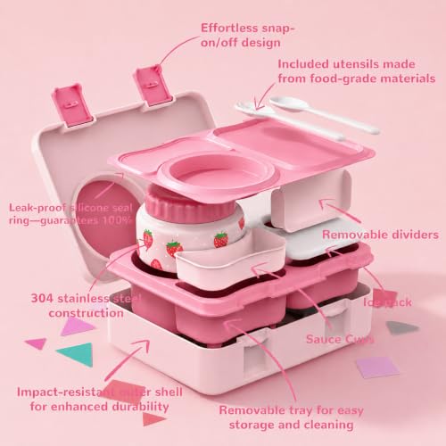 Kids Lunch Box with Thermo, Leakproof Bento Box for Kids with 8OZ Insulated Food Jar, Ice Pack, Sauce Cup, Utensils, Removable Tray & Dividers for School Daycare Travel (Strawberries) - color: Strawberries