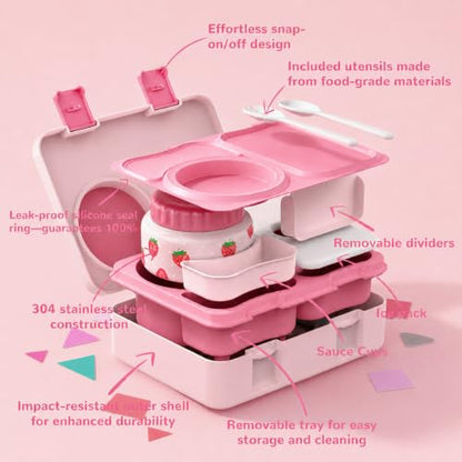 Kids Lunch Box with Thermo, Leakproof Bento Box for Kids with 8OZ Insulated Food Jar, Ice Pack, Sauce Cup, Utensils, Removable Tray & Dividers for School Daycare Travel (Strawberries) - color: Strawberries