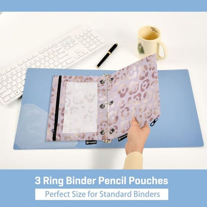 Leopard Print Cheetah Rose Gold Pencil Pouch for 3 Ring Binder, 2 PCS Binder Pencil Pouch with Zipper, Clear Window Zipper Pencil Case Pencil Bags for School Office Supplies - color: Leopard