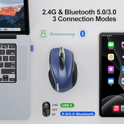 TECKNET Wireless Mouse, BT 5.0/2.4G, Rechargeable 6-DPI Silent, Blue | Bluetooth 5.0/3.0 & USB A, 2-Device Easy Switch, Wide OS Compatible, 6 Buttons, 6-DPI up to 4800, Ergonomic for S to M Hands - color: Blue