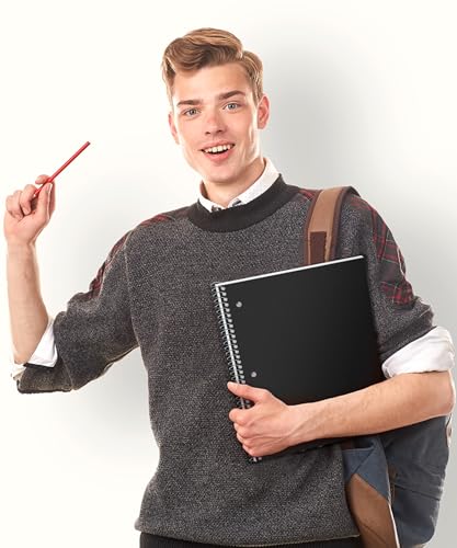 Dunwell College Ruled Spiral Notebook (Black), 1 Subject Notebook 8.5 x 11 for School, Plastic Cover, Pocket Divider, 100 Sheets (200 Pages), 3-Hole Punched Perforated 8 1/2 x 11 Paper - color: Black, style: 1 Subject