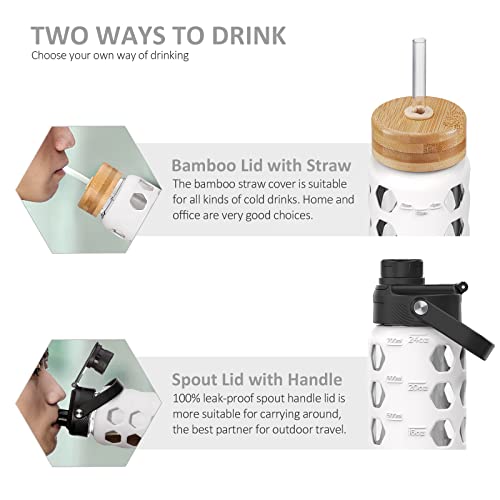 MUKOKO 24oz Glass Water Bottle, White | Glass Tumbler with Straw, Drinking Bottles with 2 Lids-Handle Spout Lid & Bamboo Straw Lid, Silicone Sleeve, 1 Pack - color: White, size: 24 Ounces