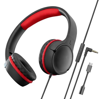 Kids Wired Headphones for School, Over-Ear Children's Headphones with Microphone, Foldable 85/94dB Volume Limited Headphones, 3.5mm & USB-C Compatible(Hero Black) - color: Hero Black