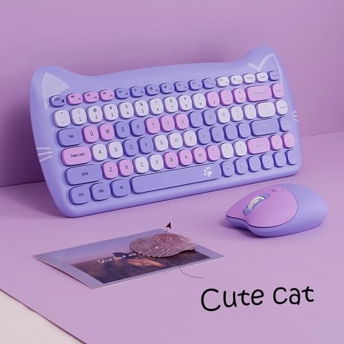 Cute Cat 2.4G USB Wireless Keyboard and Mouse Combo, Silent Keys, Candy Colors, Compatible with Notebook, PC (Purple-84Keys) - color: Purple-84Keys