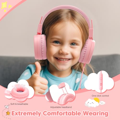 Bywulanda USB-C Kids Headphones with Digital Timer, Pink | Foldable Adjustable Lightweight, 85/94dB Volume Limit, On-Ear with Microphone, For Toddler Students Tablet iPad - color: Pink