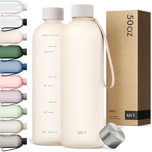 KIVY Large Water Bottle 50oz [Lightweight & Shatterproof] Fits Backpack & Cupholder for Travel, Sports, School - Cream white water bottle no straw - 50 ounces water bottles - Dishwasher Safe - color: Beige White, size: 50oz