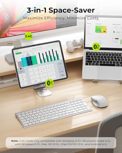 seenda COE401 Bluetooth Keyboard Mouse Combo, Rechargeable, White Silver | Silent rechargeable keyboard and mouse with 3-device connection for Windows, Mac, iPad, and laptops. - color: White Silver