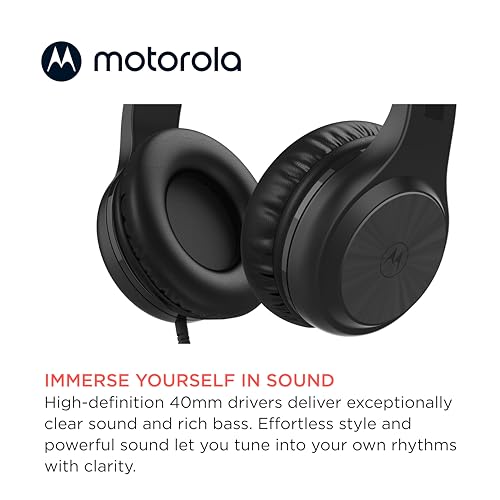Motorola Sound Moto XT120 Over Ear Headphones Wired with Microphone, in-Line Command Control for Calls - Foldable Wired Headphones with Adjustable Cushioned Headband, Dynamic Bass, 3.5mm Jack - Black - color: Black