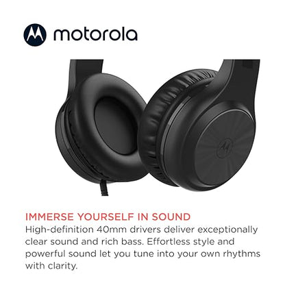 Motorola Sound Moto XT120 Over Ear Headphones Wired with Microphone, in-Line Command Control for Calls - Foldable Wired Headphones with Adjustable Cushioned Headband, Dynamic Bass, 3.5mm Jack - Black - color: Black