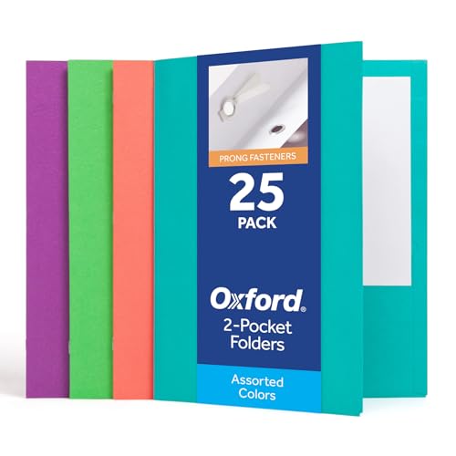 Oxford 2 Pocket Folders with Prongs, 25 Pack, Tropical Colors, School Pack | 3 prongs hold 3-hole punched papers in place. Pockets fit 100 letter size sheets. Easy to color code. Made in the USA.