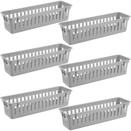 6 Pcs Gray Slim Plastic Storage Baskets Tray 10 x 3 x 2.5 Inch Compact Stackable Desk Organizer for Office, Classroom, School Supplies, and Home Storage, Organization(Gray) - color: Gray