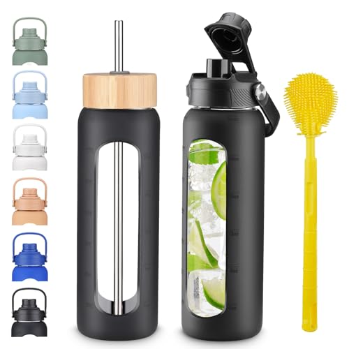24 oz Borosilicate Glass Water Bottle with 2 Leak-Proof Lids, Bamboo Straw Lid, Silicone Sleeve, BPA Free for Gym, Office, Home & Travel‌ - color: Black, size: 24 Ounces