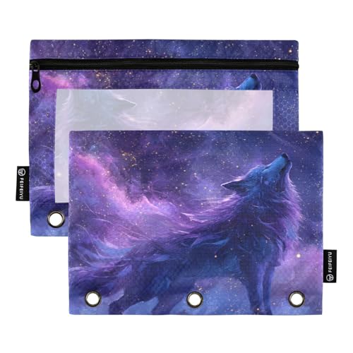 Wolf Purple Pencil Pouch for 3 Ring Binder Pencils Bag Pencil Case with Zipper Clear Window for School Office 2 Packs - color: Wolf Purple in Galaxy