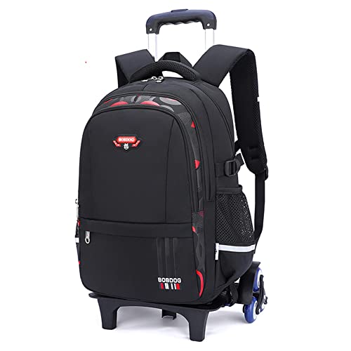 Boys Rolling Backpack Elementary Middle School Students Bookbag with Wheel Teens Trolley Removable Schoolbag - color: B-black&red