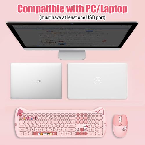 Cute Cat 2.4G USB Wireless Keyboard and Mouse Combo, Silent Keys, Candy Colors, Compatible with Notebook, PC (Pink-110Keys) - color: Pink-110Keys