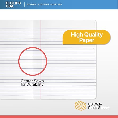 E-CLIPS USA Composition Notebook Wide Ruled Composition Notebooks Bulk Wide Ruled Notebook Paper Note Books For Schools Composition Books 80 Sheets 160 Pages 9.75” x 7.5” (3 Pack) - size: 3 Pack