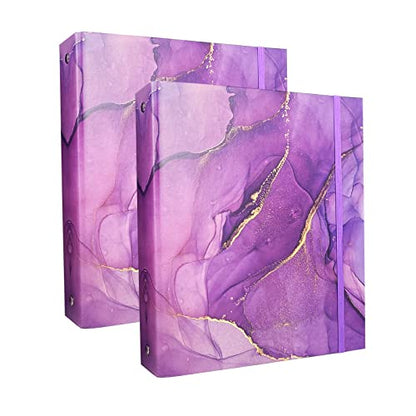 Mini Binders 5.5 x 8.5 Three Ring, Decorative Hardcover With Elastic Cord, 1 Inch Purple Marble Design, for School, Office, and Home Use, Playbill and Recipe Binder, 2 Pack