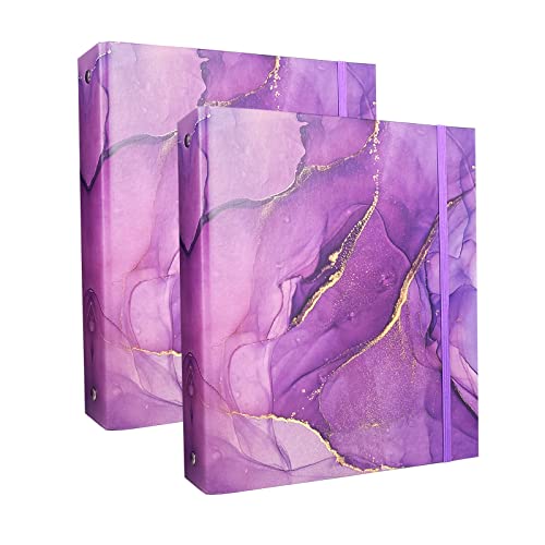 Mini Binders 5.5 x 8.5 Three Ring, Decorative Hardcover With Elastic Cord, 1 Inch Purple Marble Design, for School, Office, and Home Use, Playbill and Recipe Binder, 2 Pack