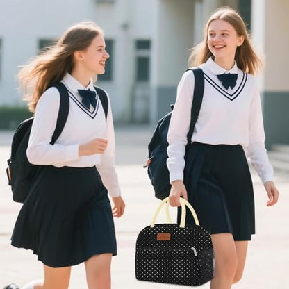Coobiiya Lunch Bag Women,Lunch Box LunchBag for Women Adult Men, Small Leakproof Cute Lunch Tote Large Capacity Reusable Insulated Cooler Lunch Container for Work/Office/Picnic/Travel-Black Polka Dot - color: Dot