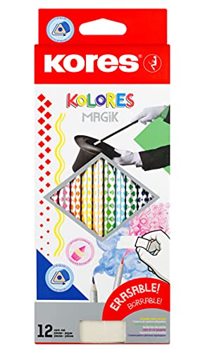 Kores - Kolores Magik, Erasable Colouring Pencils - Includes Rubber - Pencil Set, Colour Pencils - Coloured Pencils with Soft Lead, Triangular Shape, FSC Wood - Set of 12 in Assorted Colours