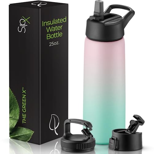 SipX™ 25 oz Insulated Water Bottle with 3 Lids – Leakproof Stainless Steel, Triple Insulated – Cold 24 Hours/Hot 12 Hours – Durable Bottle for School, Gym, Travel – Gradient Mint Pink - color: Gradiant Mint Pink, size: 25 Ounces