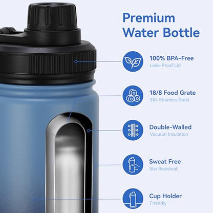 DOMICARE 16 oz Kids Water Bottle for School Stainless Steel Double Wall Vacuum Insulated Water Bottle with Straw lids & Spout Lid, Leakproof BPA Free (Blue/Navy,1) - color: Blue/Navy, size: 16 Ounces