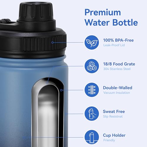 DOMICARE 16 oz Water Bottle Stainless Steel Double Wall Vacuum Insulated Water Bottle with Straw lids & Spout Lid, Leakproof - color: Blue/Navy, size: 16oz/4 Pack