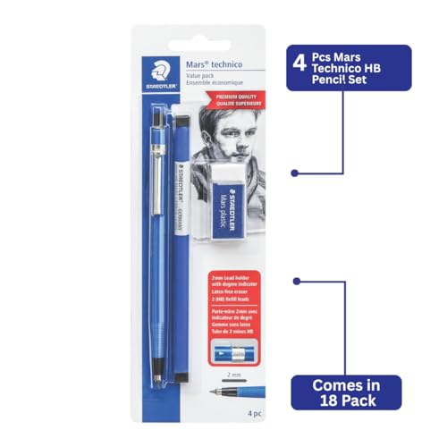 STAEDTLER Mars Technical Mechanical Pencil Set, Blue, 18 Pack | 1 pencil - 2 mm, 1 eraser, 2 ea 2H lead refills. 4pc