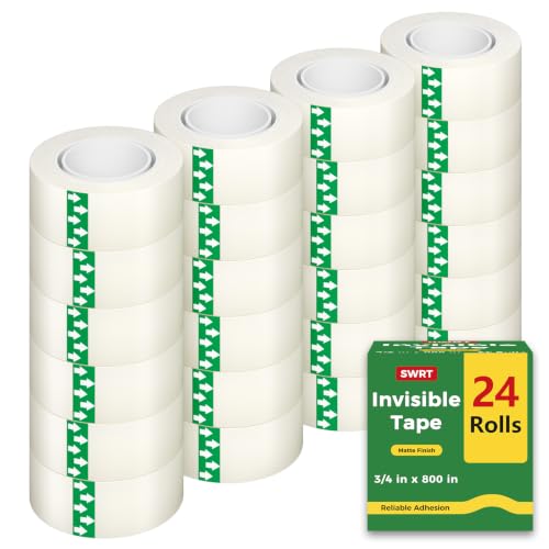 SWRT Invisible Tape Refills, 24 Rolls, 3/4 in x 800 in, Matte Finish | Blends into Paper; Easy to Write On; Neat Paper Repairs; Quick Label Fixes; Fits Tape Dispensers; Office, School, Home