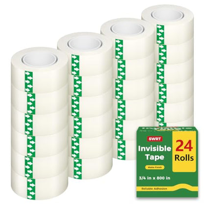 SWRT Invisible Tape Refills, 24 Rolls, 3/4 in x 800 in, Matte Finish | Blends into Paper; Easy to Write On; Neat Paper Repairs; Quick Label Fixes; Fits Tape Dispensers; Office, School, Home
