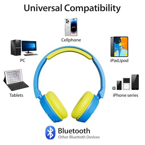 Contixo KB-5 Kids Headphones - Over The Ear Foldable Bluetooth Wireless Headphone for Kids - 85dB with Volume Limited - Toddler Headphones for Boys and Girls (Blue + Yellow) - color: Blue