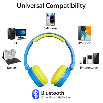 Contixo KB-5 Kids Headphones - Over The Ear Foldable Bluetooth Wireless Headphone for Kids - 85dB with Volume Limited - Toddler Headphones for Boys and Girls (Blue + Yellow) - color: Blue