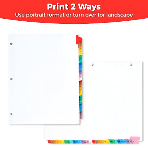 Tab Dividers for 3 Ring Binders – 6 Sets, 1–31 Numbered Index Dividers with Table of Contents – 8.5 x 11 in, 3-Hole Punched – Binder Dividers for School, Office, Filing, Organizing - 6 Pack - size: 1-31 Tabs