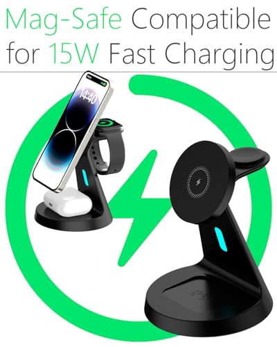 Wireless Charger Compatible with Mag-Safe,3 in 1 Charging Station for iPhone17/16/15/14/13/12 Series, Apple Watch,AirPods,15W Fast Charging (USB-C Adapter Included) - color: Black