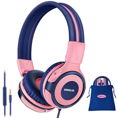 SIMOLIO Stereo Wired Headphones Teens Adults Kids Youth with Mic & Volume Control & Volume Limited & Share Port & 3.5mm AUX Jack, Safe Volume Foldable Headset for Online School Gaming PC Laptop Travel