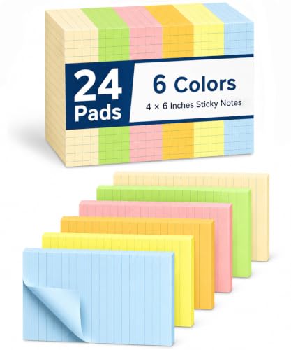 Mr. Pen- Lined Sticky Notes, 4" x 6", 24 Pads, 45 Sheets/Pad | Bulk Sticky Notes with Lines, Ruled Stickies, Memo Pads, Self-Stick Note Pad for Office, School, Home, Study & Organization - color: Pastel, size: 4 x 6 inches, 24 Pads
