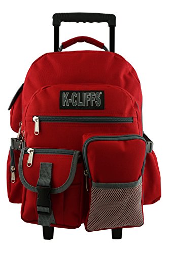 K-Cliffs Heavy Duty Rolling Backpack School Bookbag with Wheels Deluxe Wheeled Daypack - color: Red
