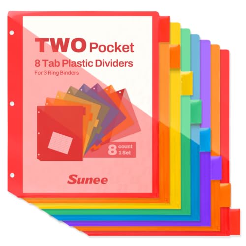 SUNEE 8 Tab Dividers with Pockets, Plastic Dividers for 3 Ring Binder, Subject Dividers with 2 Pockets, Binder Dividers for School Office Home Supplies, Multicolor, 1 Set - color: 6 Assorted Colors